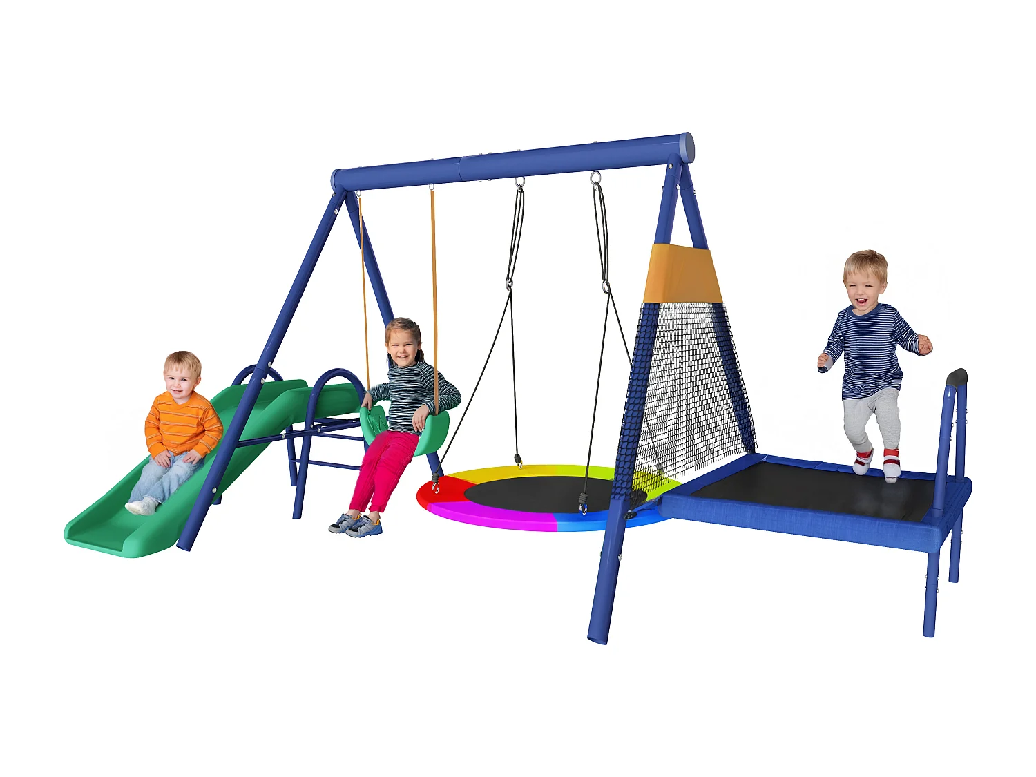 Ensemble de balançoires multifonctionnelles pour extérieur – Toboggan, trampoline, balançoire nid ronde et balançoire plastique, sûr et durable, pour aire de jeux