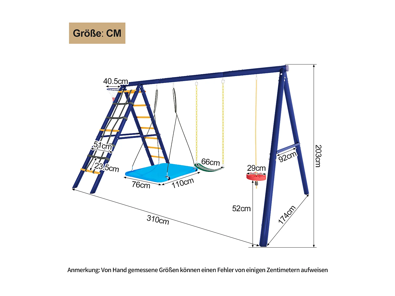 Ensemble de jeux extérieur multifonctionnel pour enfants – 3 balançoires, toboggan, panier de basket, structure d'escalade, balançoire suspendue et cordes