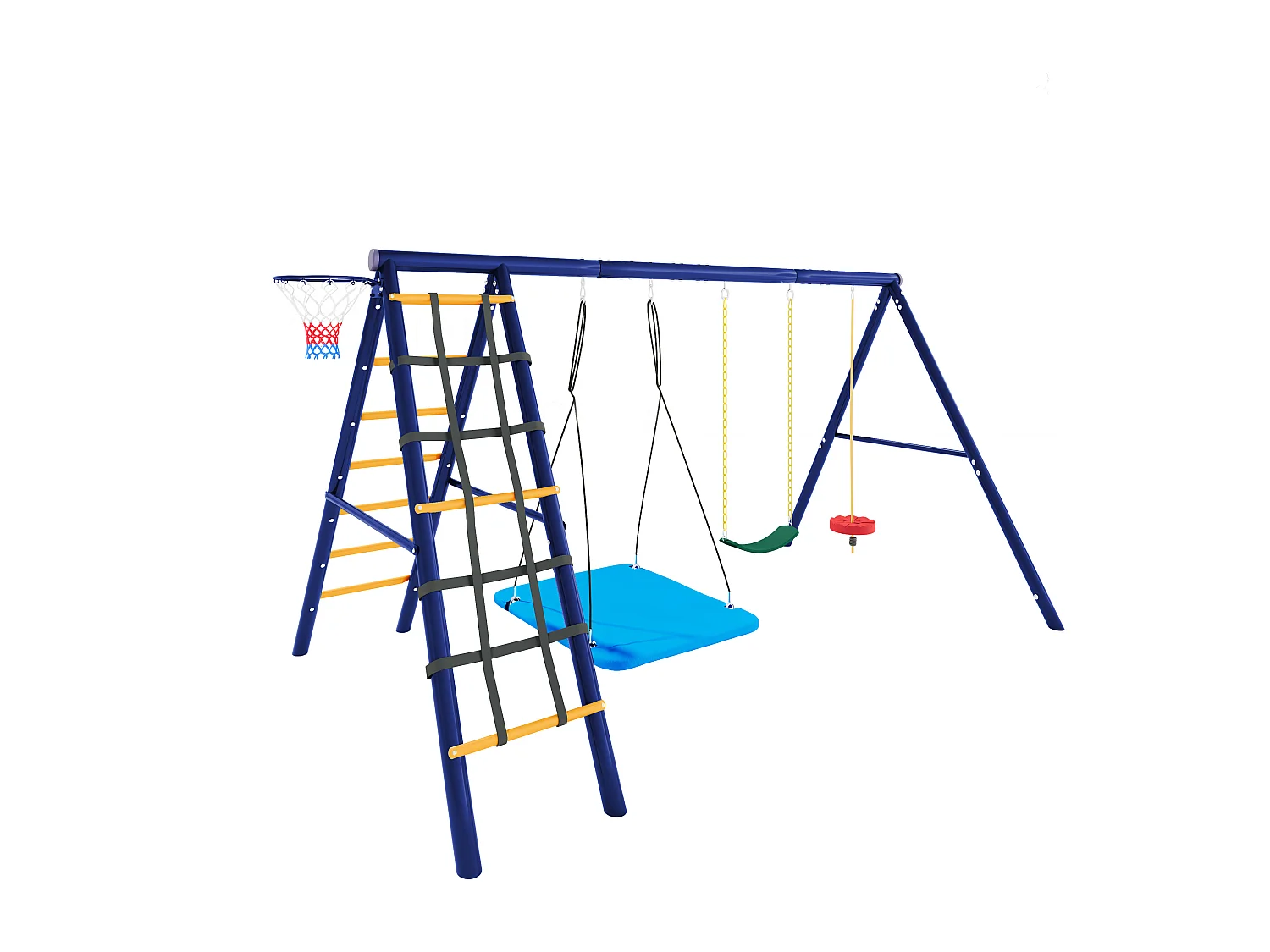 Ensemble de jeux extérieur multifonctionnel pour enfants – 3 balançoires, toboggan, panier de basket, structure d'escalade, balançoire suspendue et cordes