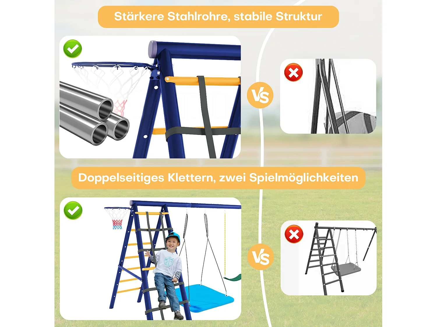 Ensemble de jeux extérieur multifonctionnel pour enfants – 3 balançoires, toboggan, panier de basket, structure d'escalade, balançoire suspendue et cordes