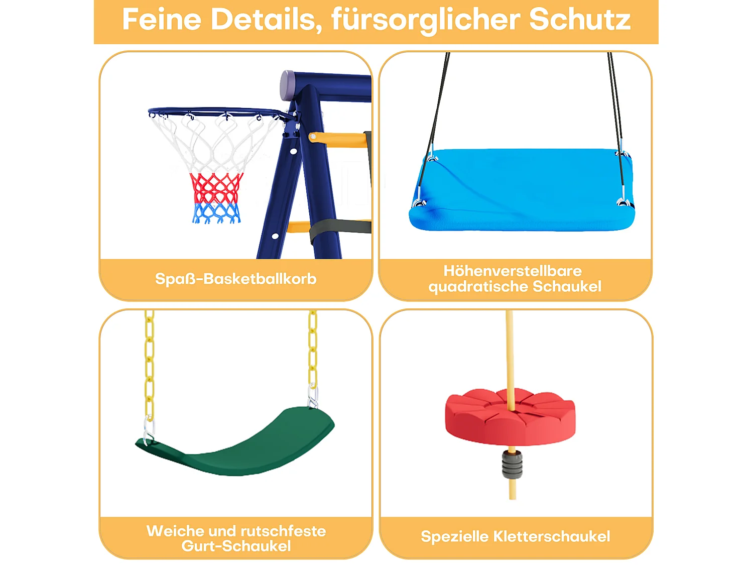 Ensemble de jeux extérieur multifonctionnel pour enfants – 3 balançoires, toboggan, panier de basket, structure d'escalade, balançoire suspendue et cordes