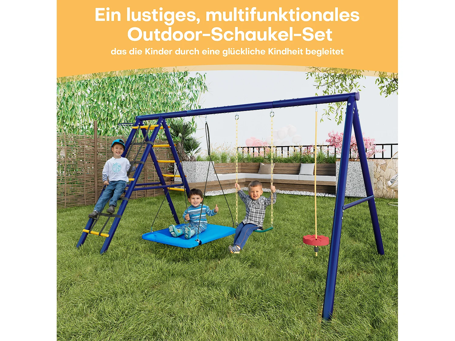 Ensemble de jeux extérieur multifonctionnel pour enfants – 3 balançoires, toboggan, panier de basket, structure d'escalade, balançoire suspendue et cordes