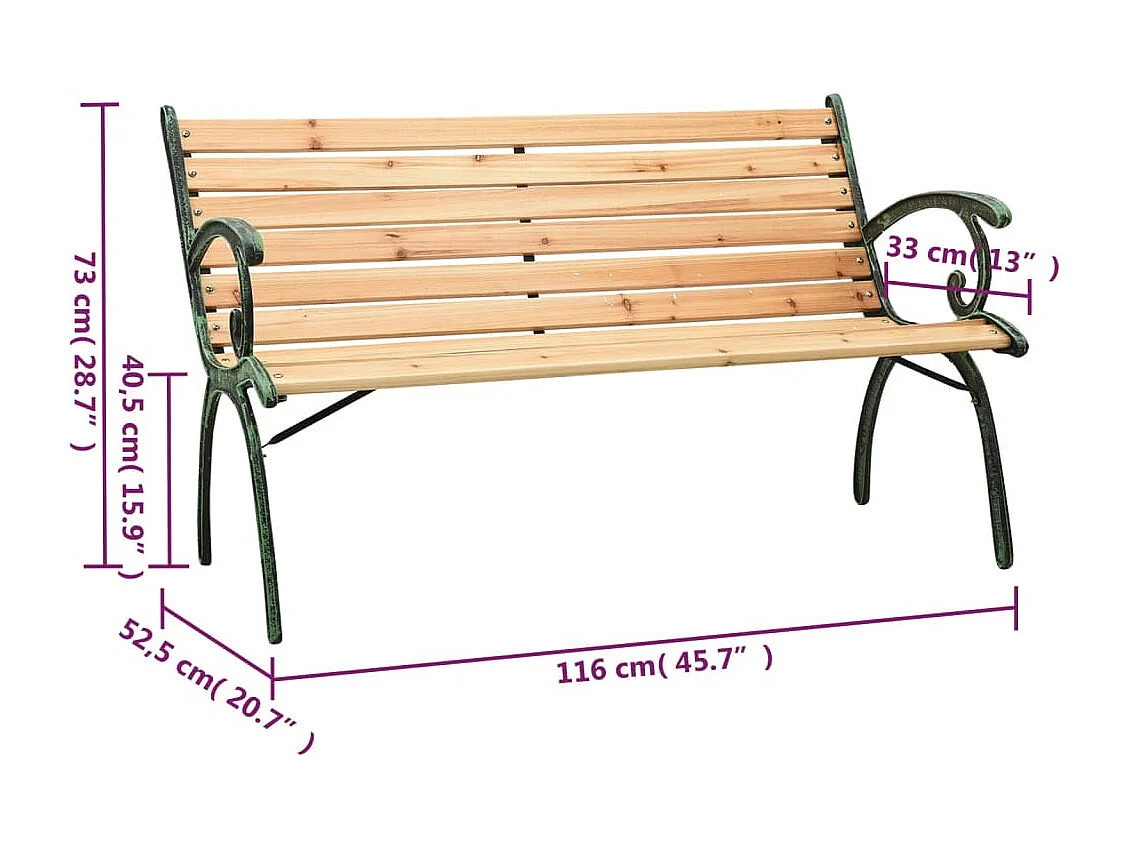 Banco de jardín muebles de exterior para terraza terraza 116 cm hierro fundido y madera maciza de abeto 02_0011187
