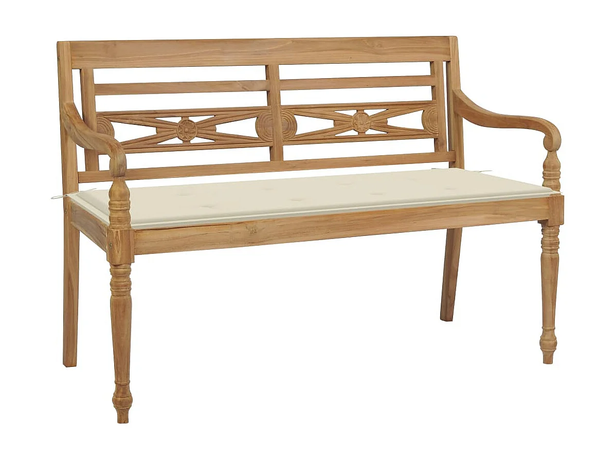 Banco de jardín muebles de terraza exterior con cojín color crema 120 cm madera maciza de teca 02_0011066
