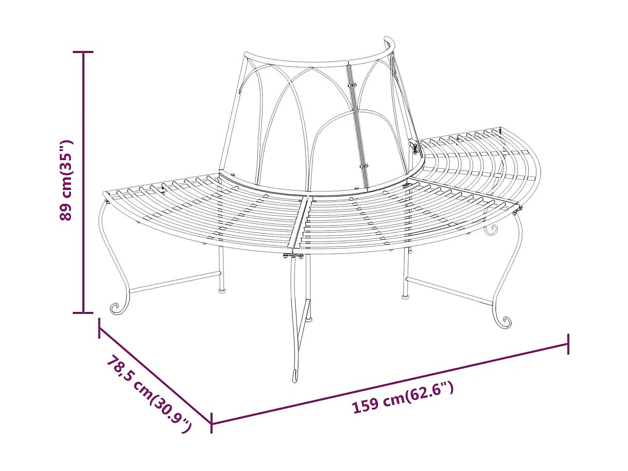 Banco de jardim ao ar livre mobiliário de pátio semicircular terraço árvore torre diâmetro 159 cm aço preto 02_0011818