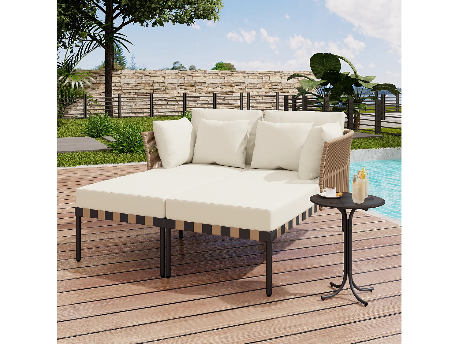 Canapé de jardin modulaire, fauteuil lounge extérieur avec 4 coussins inclus, table basse avec coussins amovibles et lavables, idéal pour terrasse et balcon, Beige