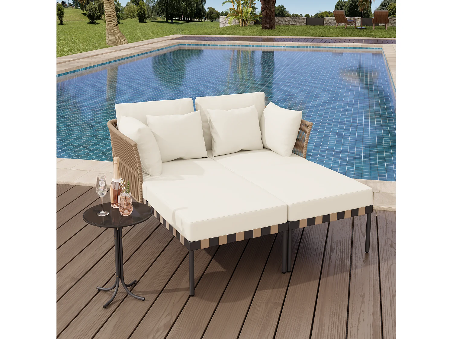 Canapé de jardin modulaire, fauteuil lounge extérieur avec 4 coussins inclus, table basse avec coussins amovibles et lavables, idéal pour terrasse et balcon, Beige