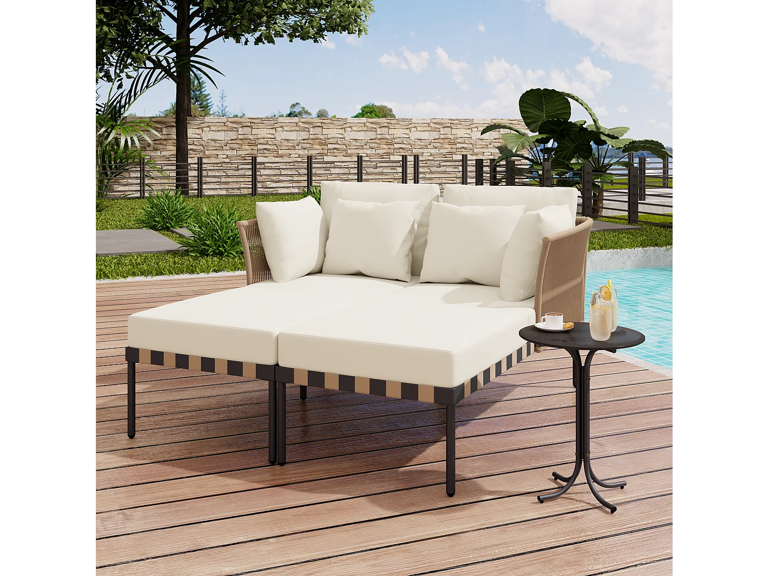 Canapé de jardin modulaire, fauteuil lounge extérieur avec 4 coussins inclus, table basse avec coussins amovibles et lavables, idéal pour terrasse et balcon, Beige
