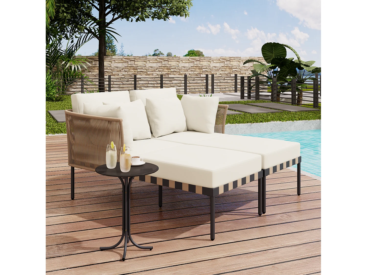 Canapé de jardin modulaire, fauteuil lounge extérieur avec 4 coussins inclus, table basse avec coussins amovibles et lavables, idéal pour terrasse et balcon, Beige