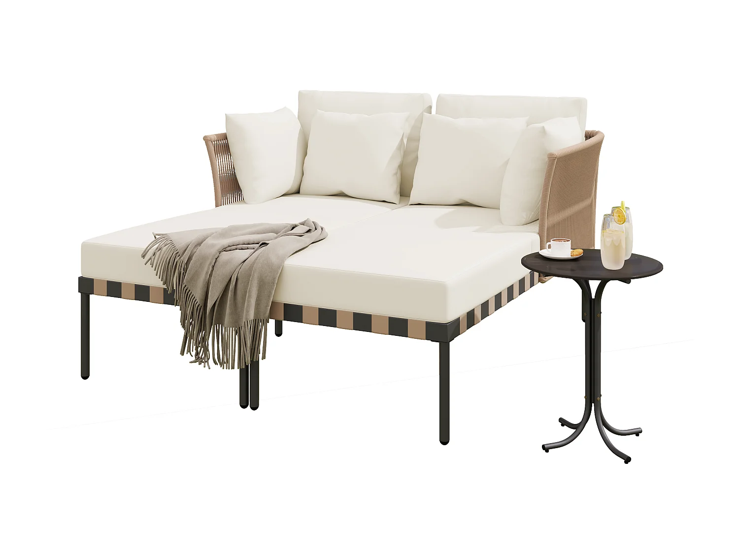 Canapé de jardin modulaire, fauteuil lounge extérieur avec 4 coussins inclus, table basse avec coussins amovibles et lavables, idéal pour terrasse et balcon, Beige