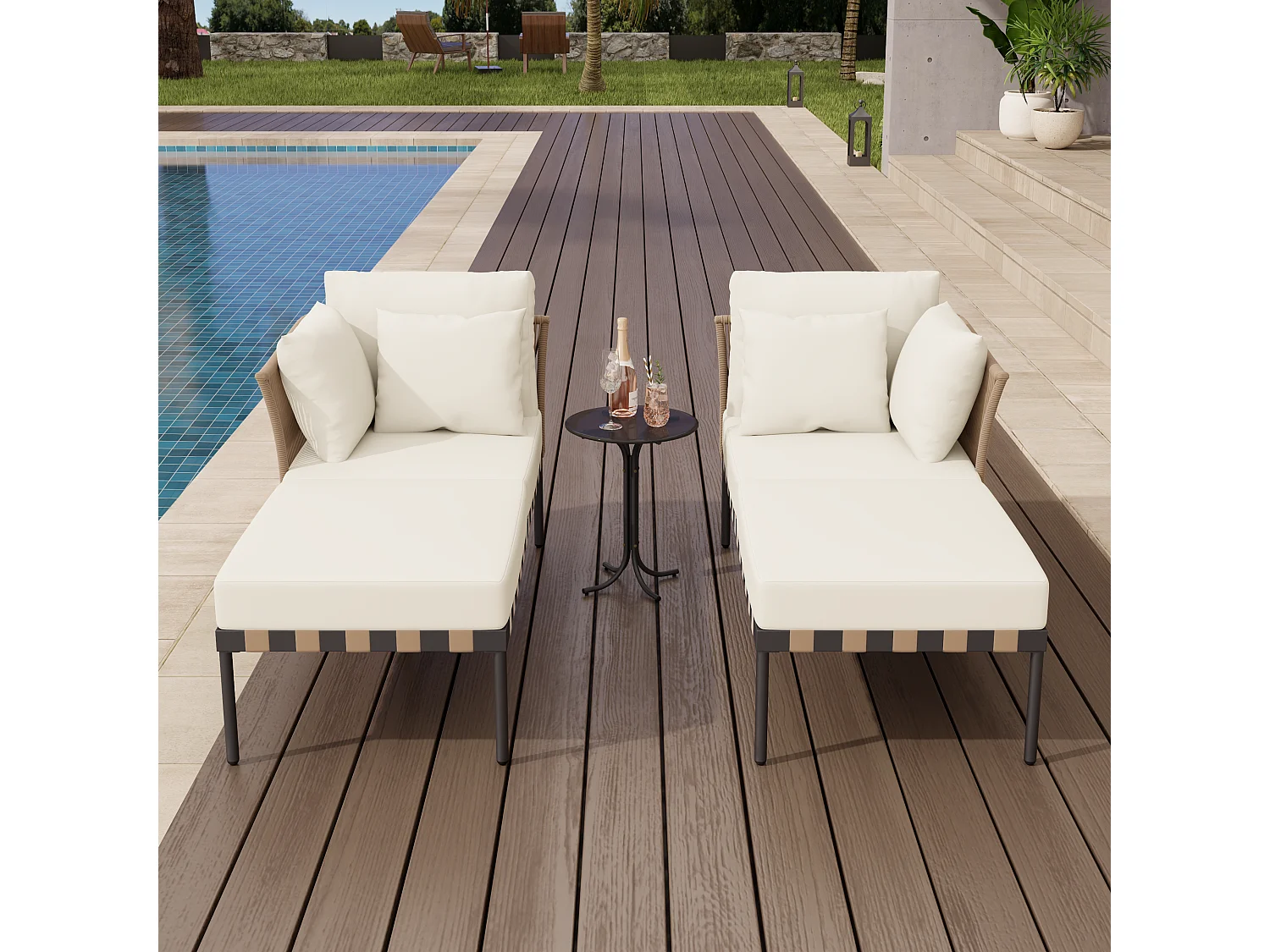Canapé de jardin modulaire, fauteuil lounge extérieur avec 4 coussins inclus, table basse avec coussins amovibles et lavables, idéal pour terrasse et balcon, Beige