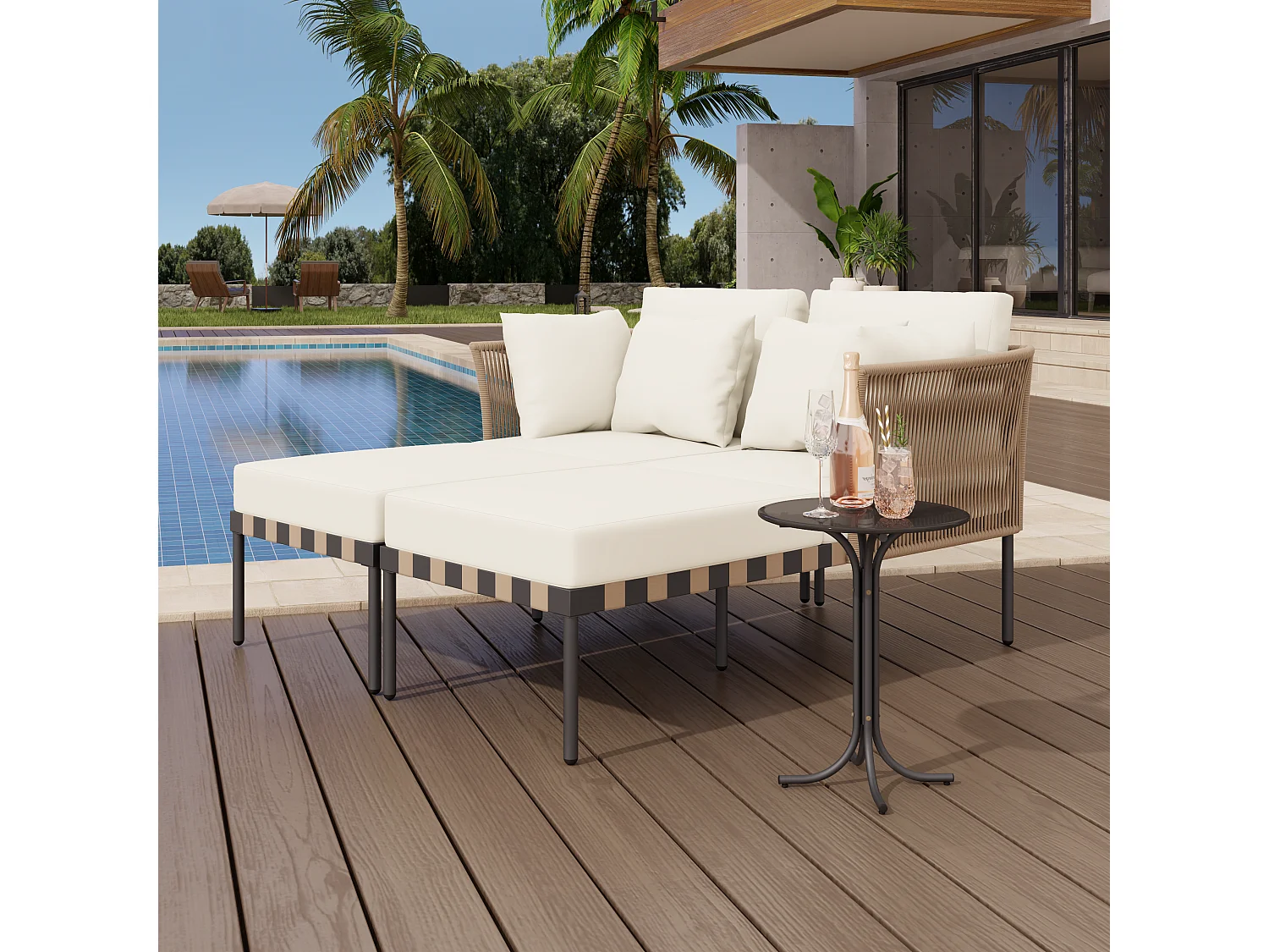 Canapé de jardin modulaire, fauteuil lounge extérieur avec 4 coussins inclus, table basse avec coussins amovibles et lavables, idéal pour terrasse et balcon, Beige