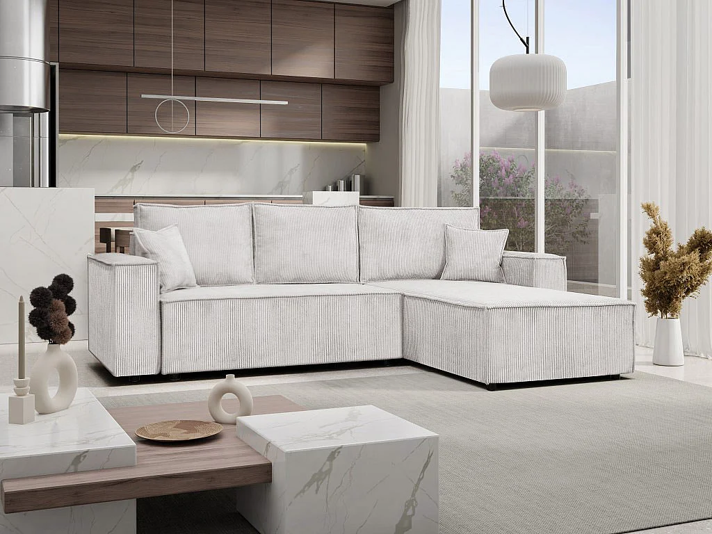 Ecksofa Camel L-Form Bettkasten 294 cm universelle Ottomane, Wohnzimmer Schlaffläche 240 x 135 cm, beige