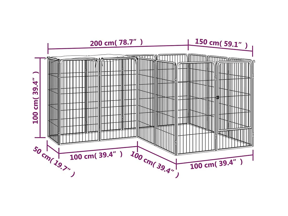 Cercadinho para cães 14 painéis 50 x 100cm aço revestido a pó preto 02_0043607
