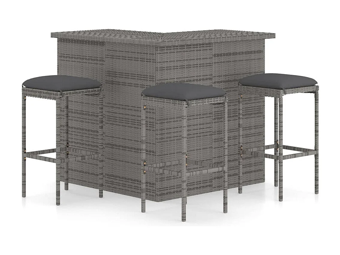 Mueble bar de jardín de 4 piezas con cojines de resina tejida gris 02_0014500