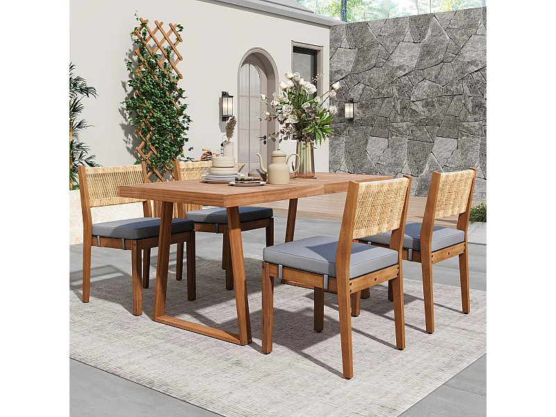 Juego de comedor de exterior de 5 piezas para 4 personas: sillas de ratán sintético y mesa de madera de acacia, ideal para jardín y patio.