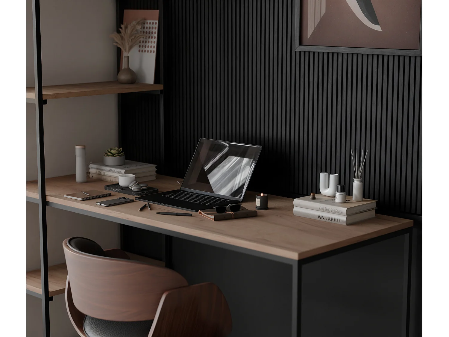 Bureau avec rangements chêne kraft doré