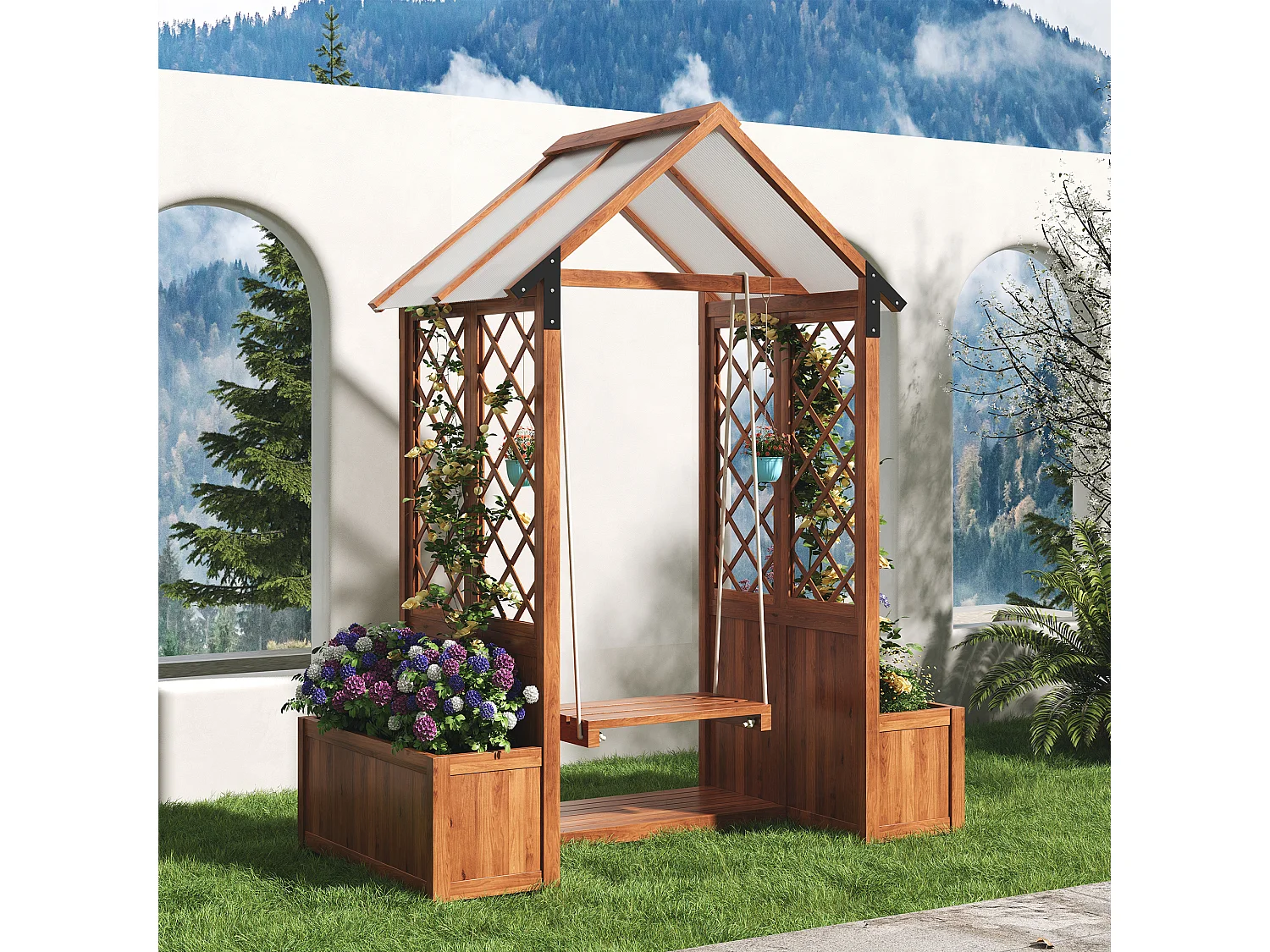 Jardinera con banco y sombrilla integrada - Jardinera de madera maciza marrón con enrejado trepador y techo de policarbonato, para jardín, terraza, balcón