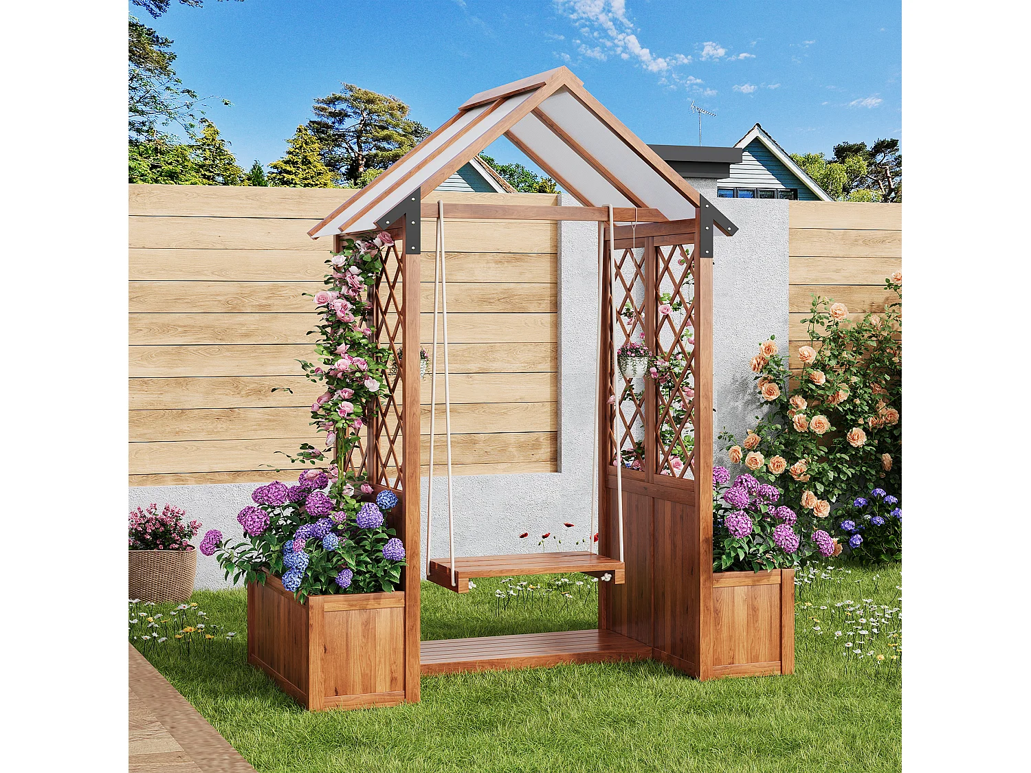 Jardinera con banco y sombrilla integrada - Jardinera de madera maciza marrón con enrejado trepador y techo de policarbonato, para jardín, terraza, balcón