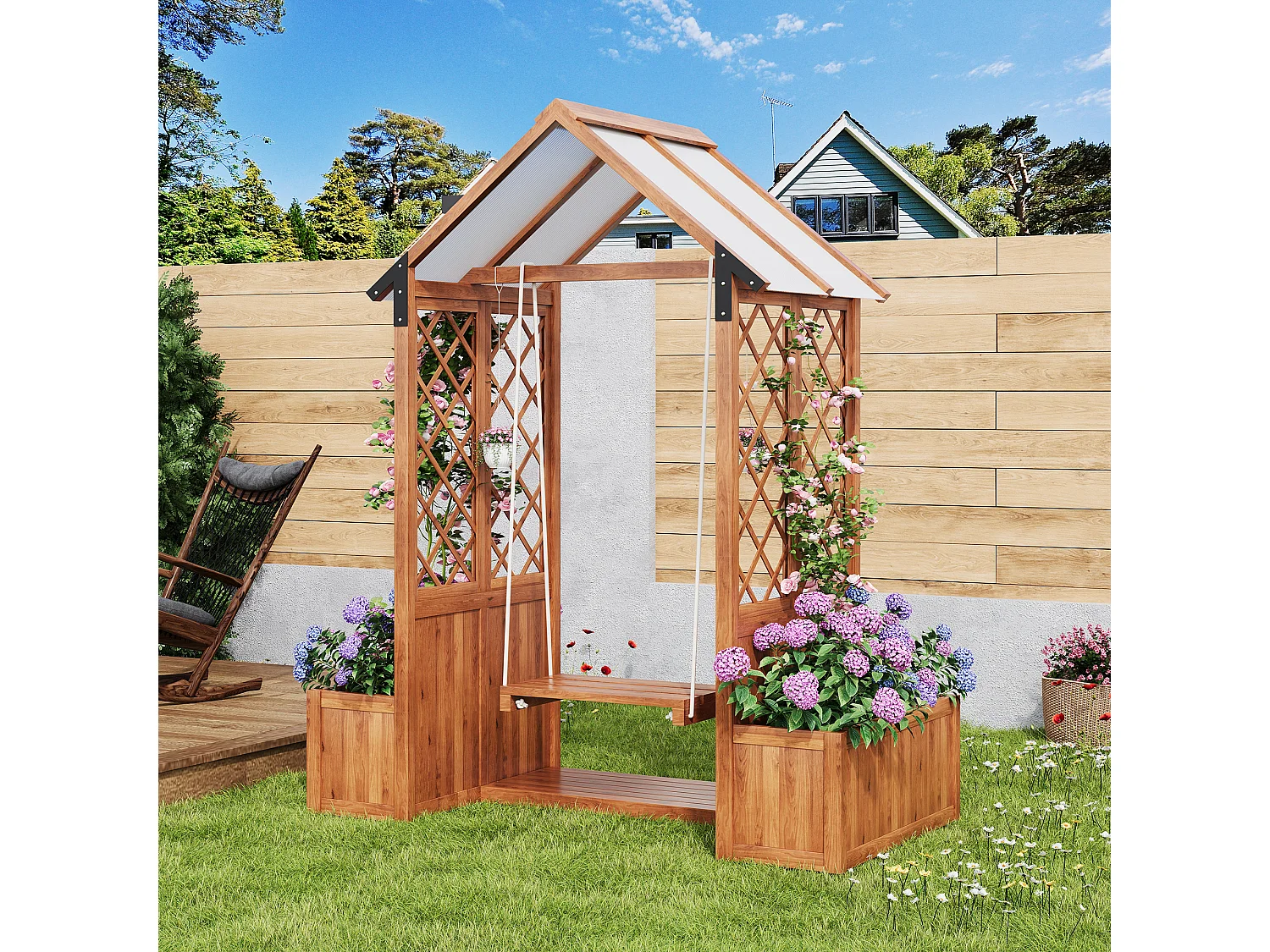 Jardinera con banco y sombrilla integrada - Jardinera de madera maciza marrón con enrejado trepador y techo de policarbonato, para jardín, terraza, balcón