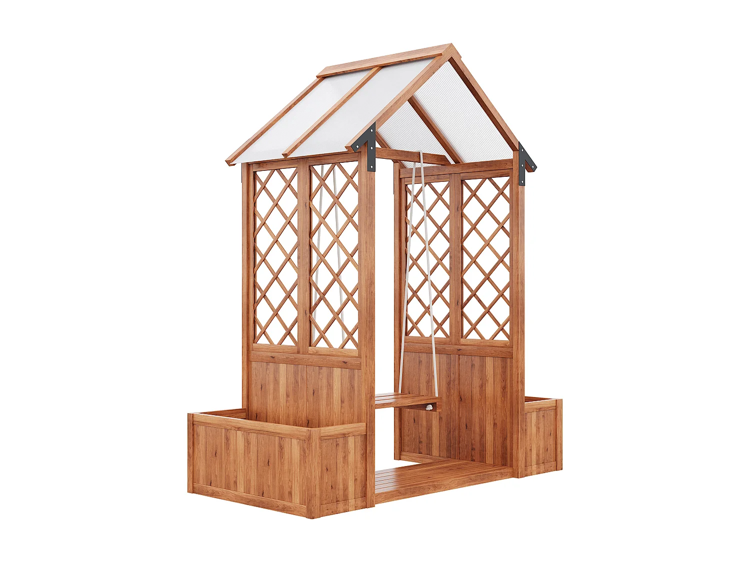 Jardinera con banco y sombrilla integrada - Jardinera de madera maciza marrón con enrejado trepador y techo de policarbonato, para jardín, terraza, balcón