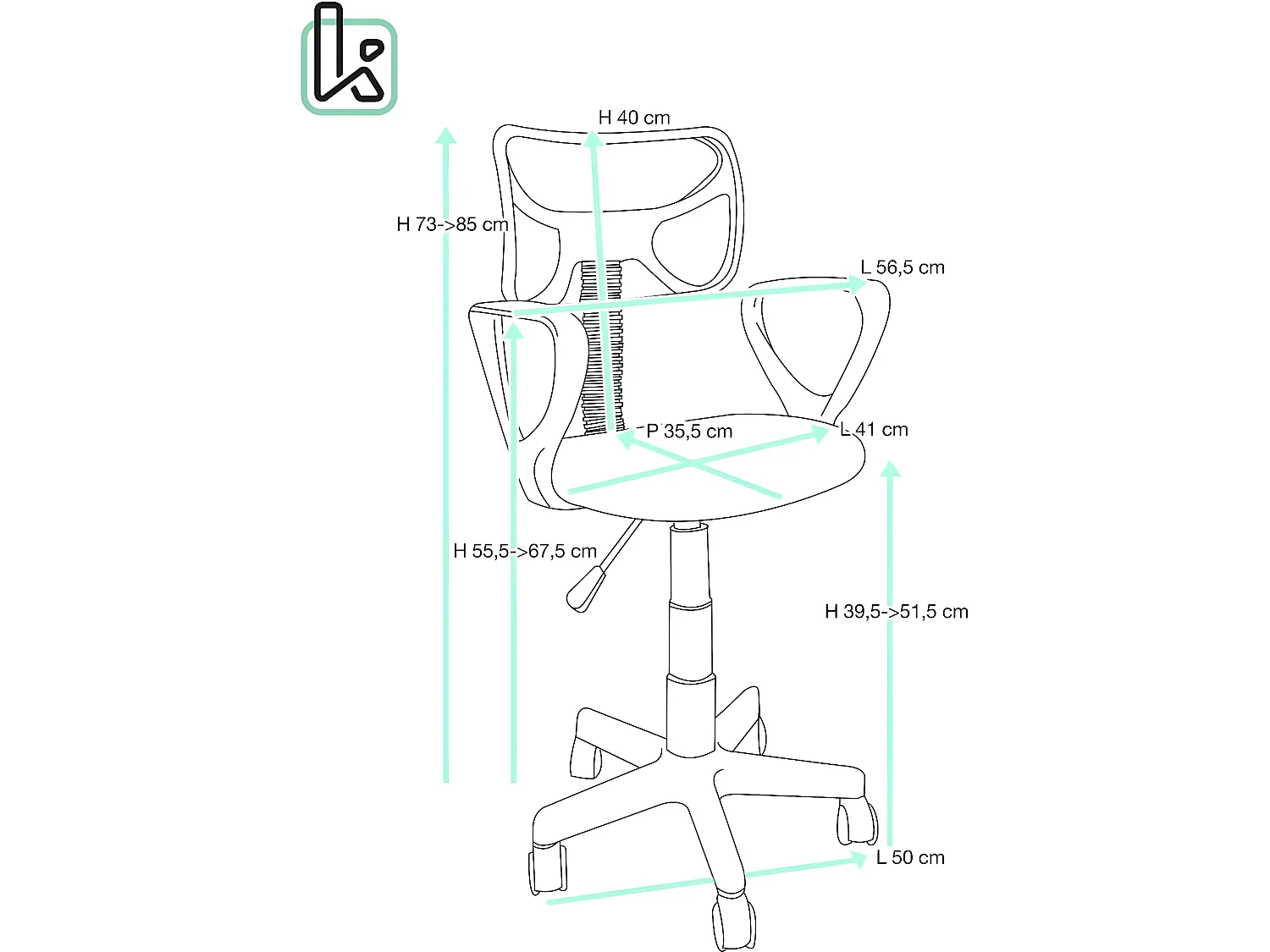 Chaise bureau enfant textile Mesh pivotant accoudoir hauteur réglable roulettes LAB (Blanc)