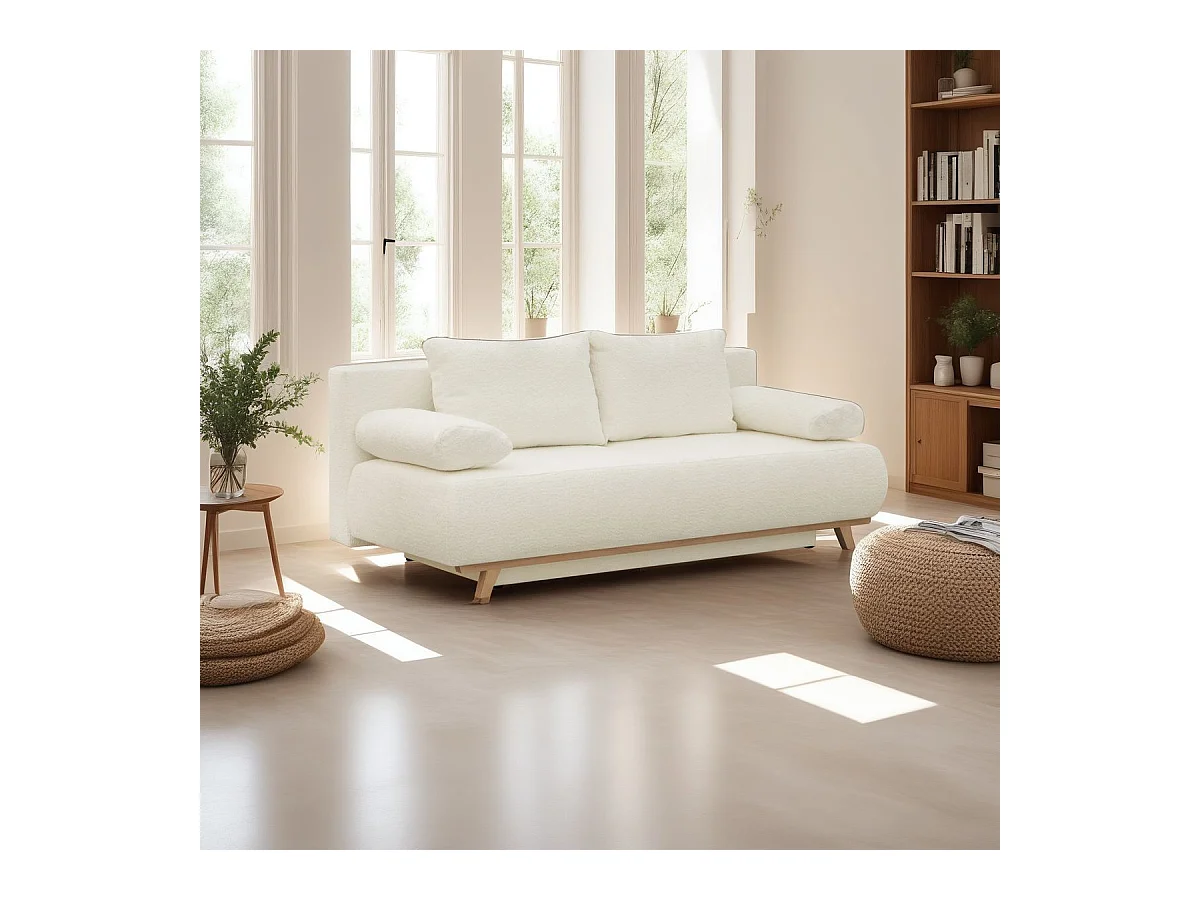 Canapé convertible 3 places avec coffre de rangement en tissu bouclé beige - Laria