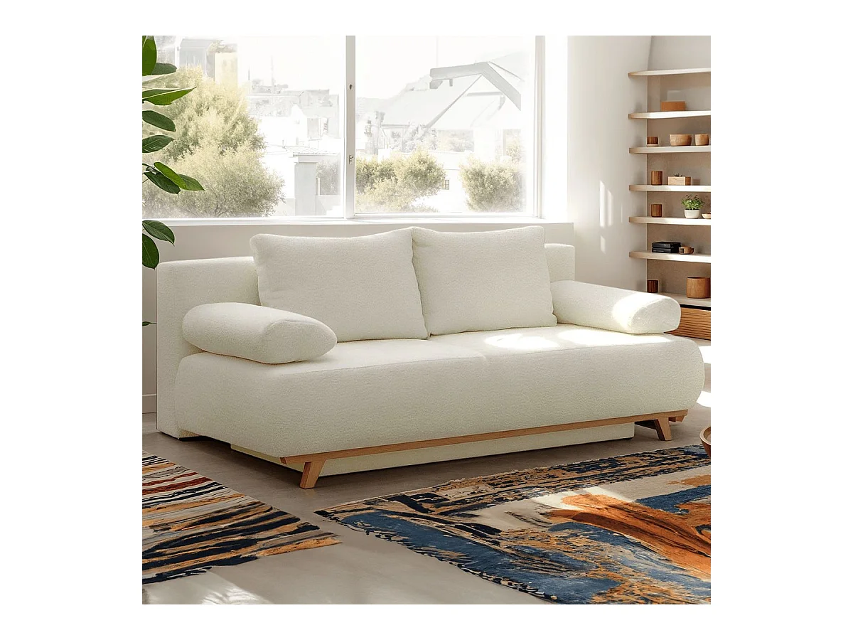 Canapé convertible 3 places avec coffre de rangement en tissu bouclé beige - Laria