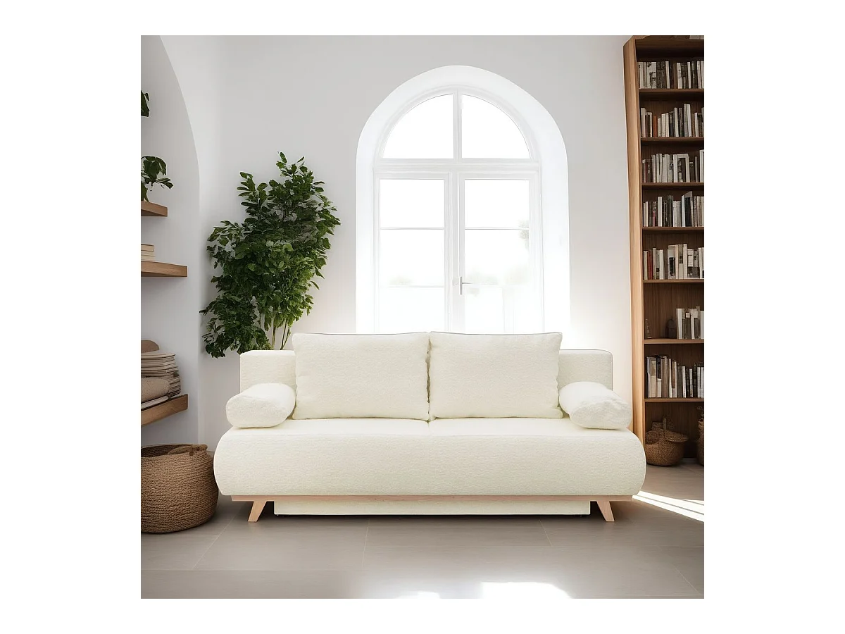 Canapé convertible 3 places avec coffre de rangement en tissu bouclé beige - Laria