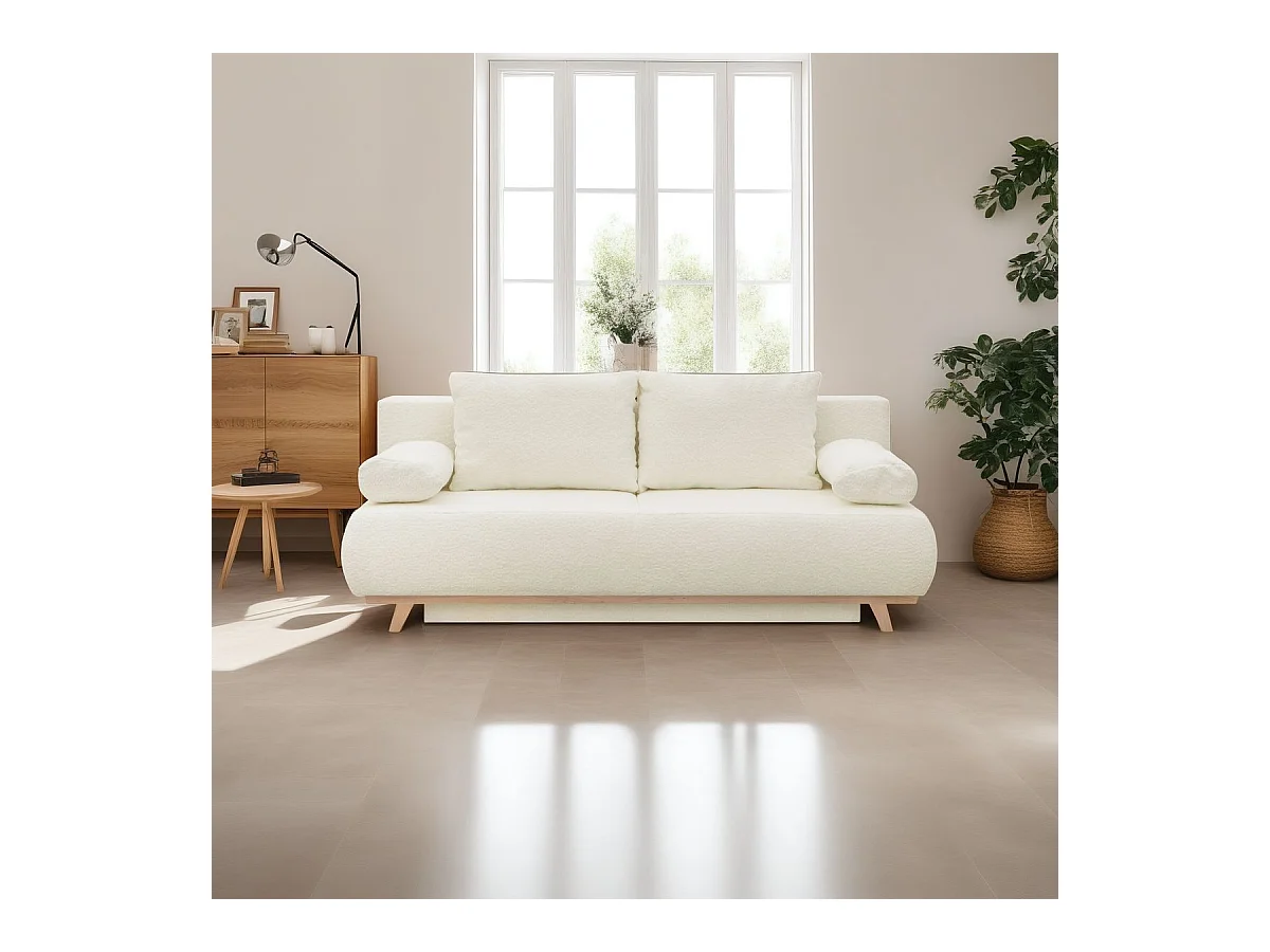 Canapé convertible 3 places avec coffre de rangement en tissu bouclé beige - Laria