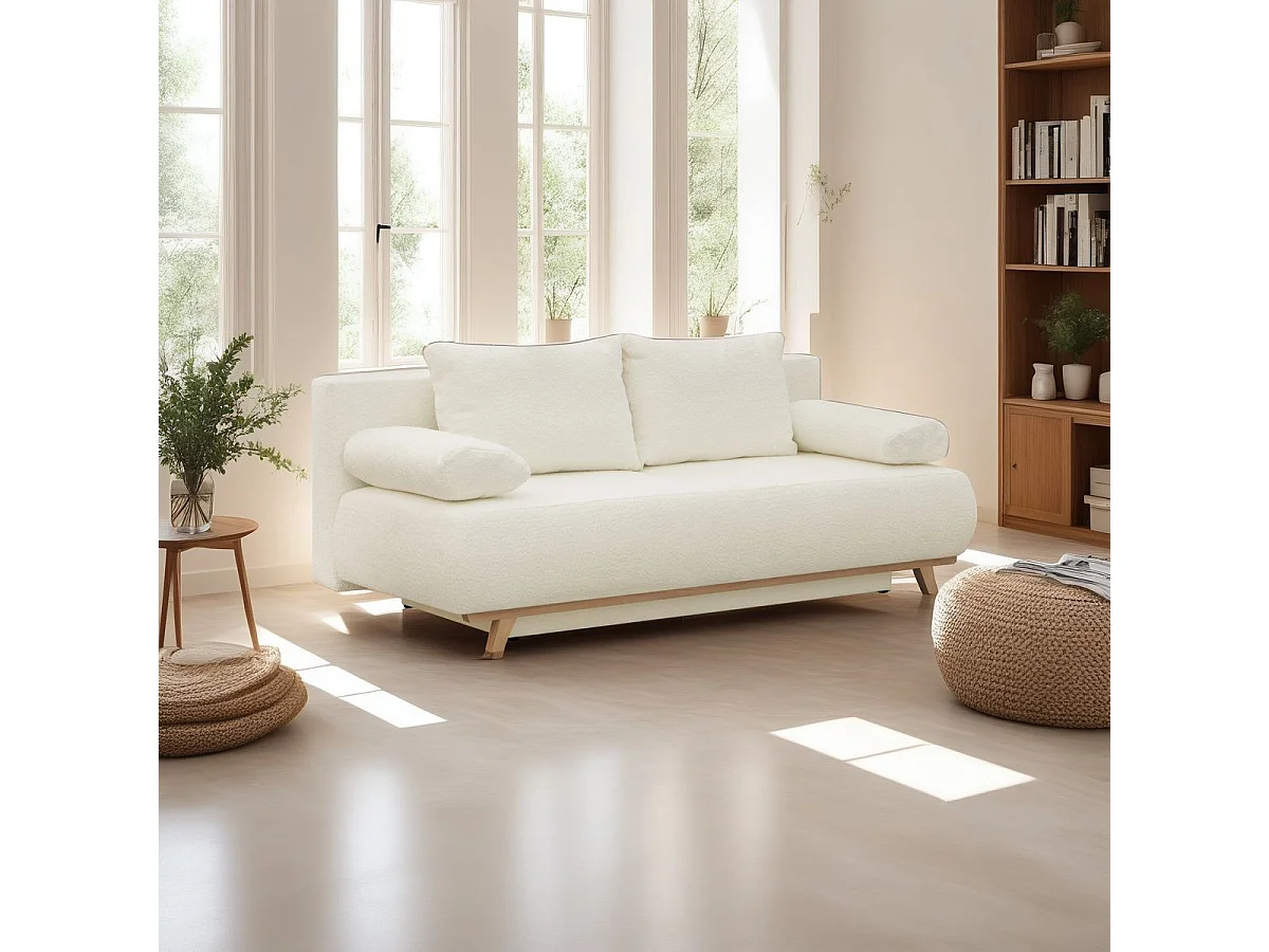 Canapé convertible 3 places avec coffre de rangement en tissu bouclé beige - Laria