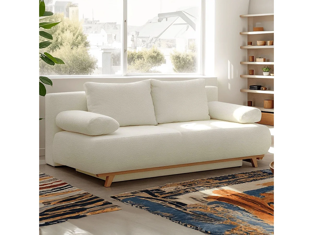 Canapé convertible 3 places avec coffre de rangement en tissu bouclé beige - Laria