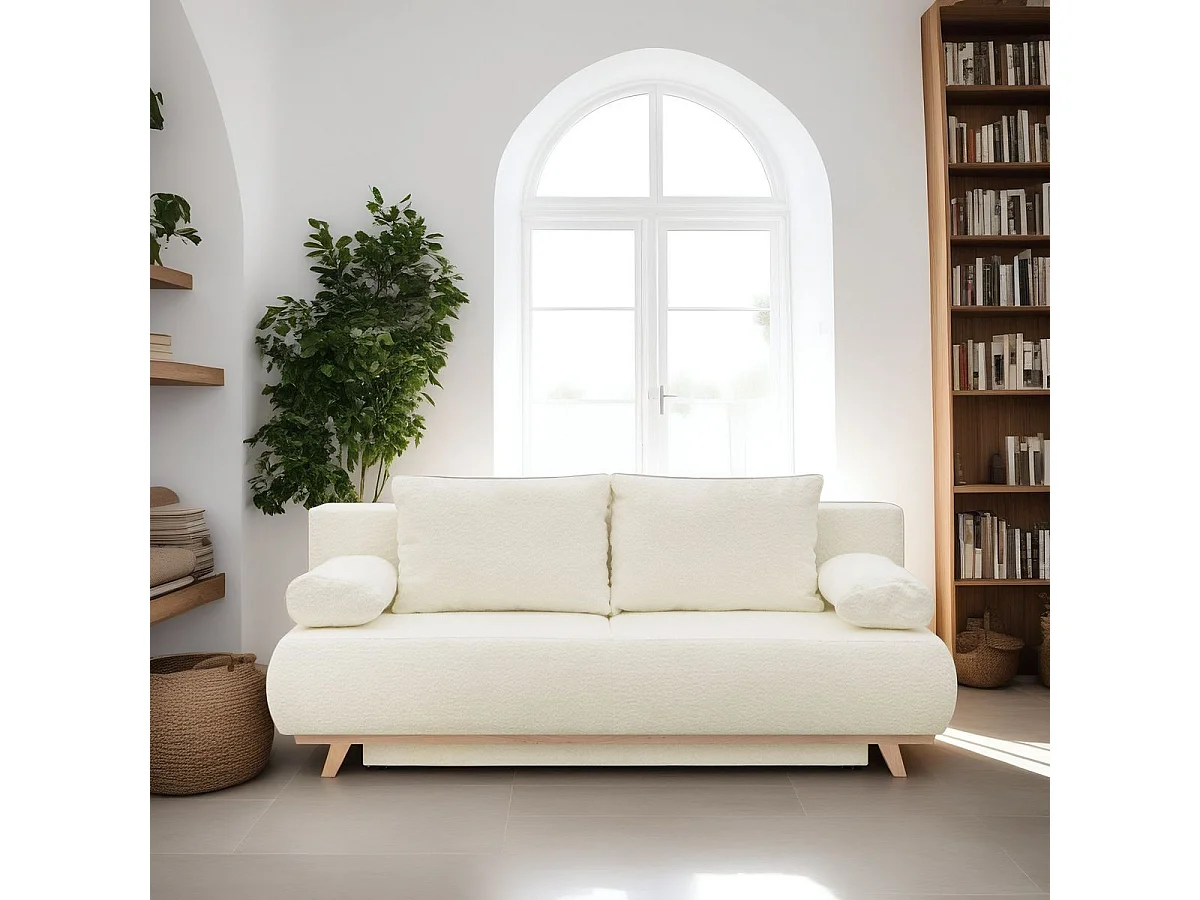 Canapé convertible 3 places avec coffre de rangement en tissu bouclé beige - Laria