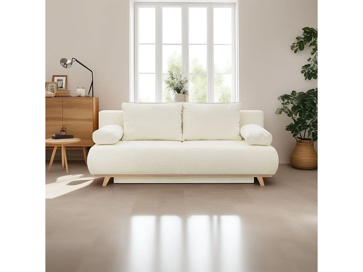 Canapé convertible 3 places avec coffre de rangement en tissu bouclé beige - Laria