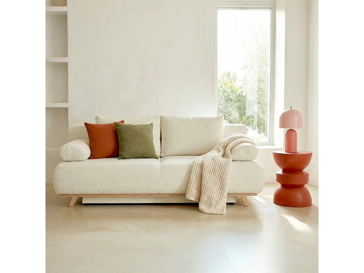 Canapé convertible 3 places avec coffre de rangement en tissu bouclé beige - Laria