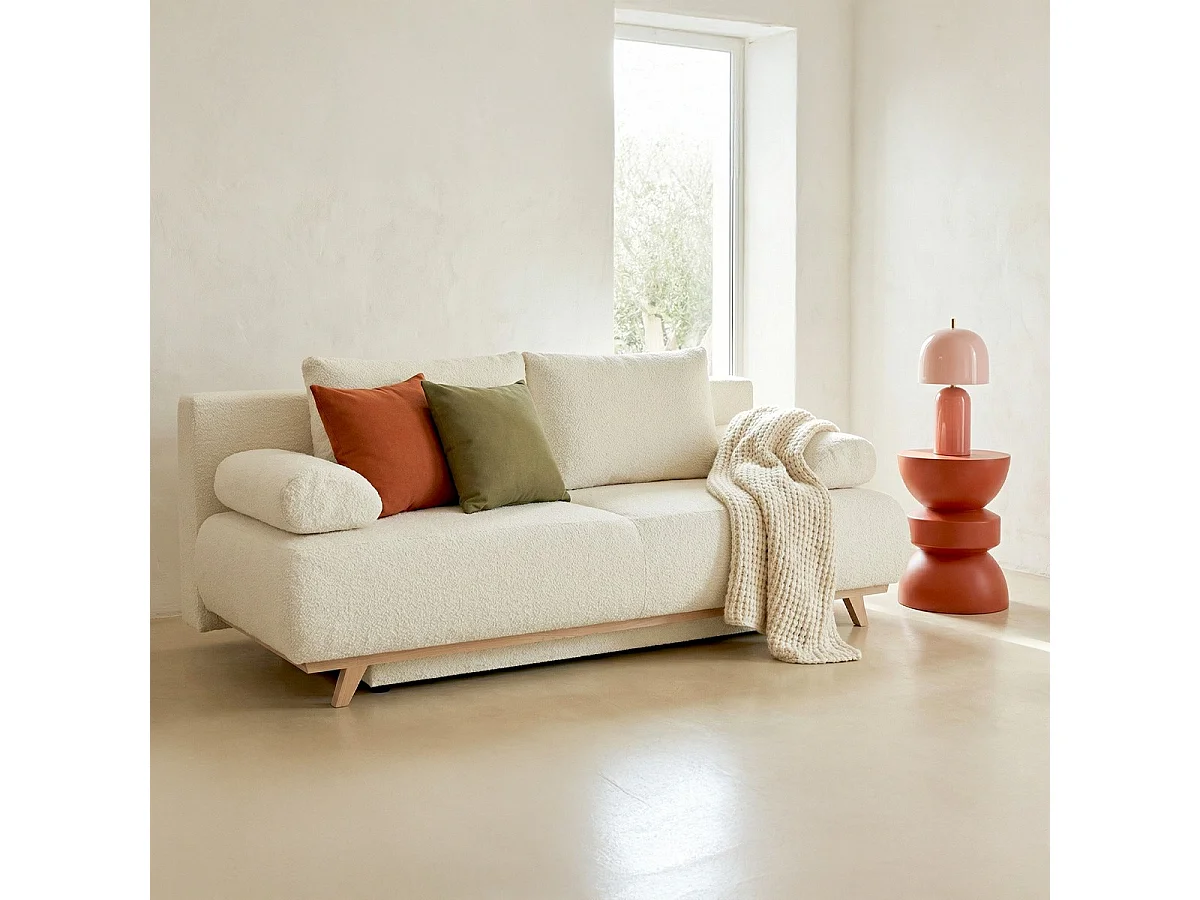 Canapé convertible 3 places avec coffre de rangement en tissu bouclé beige - Laria