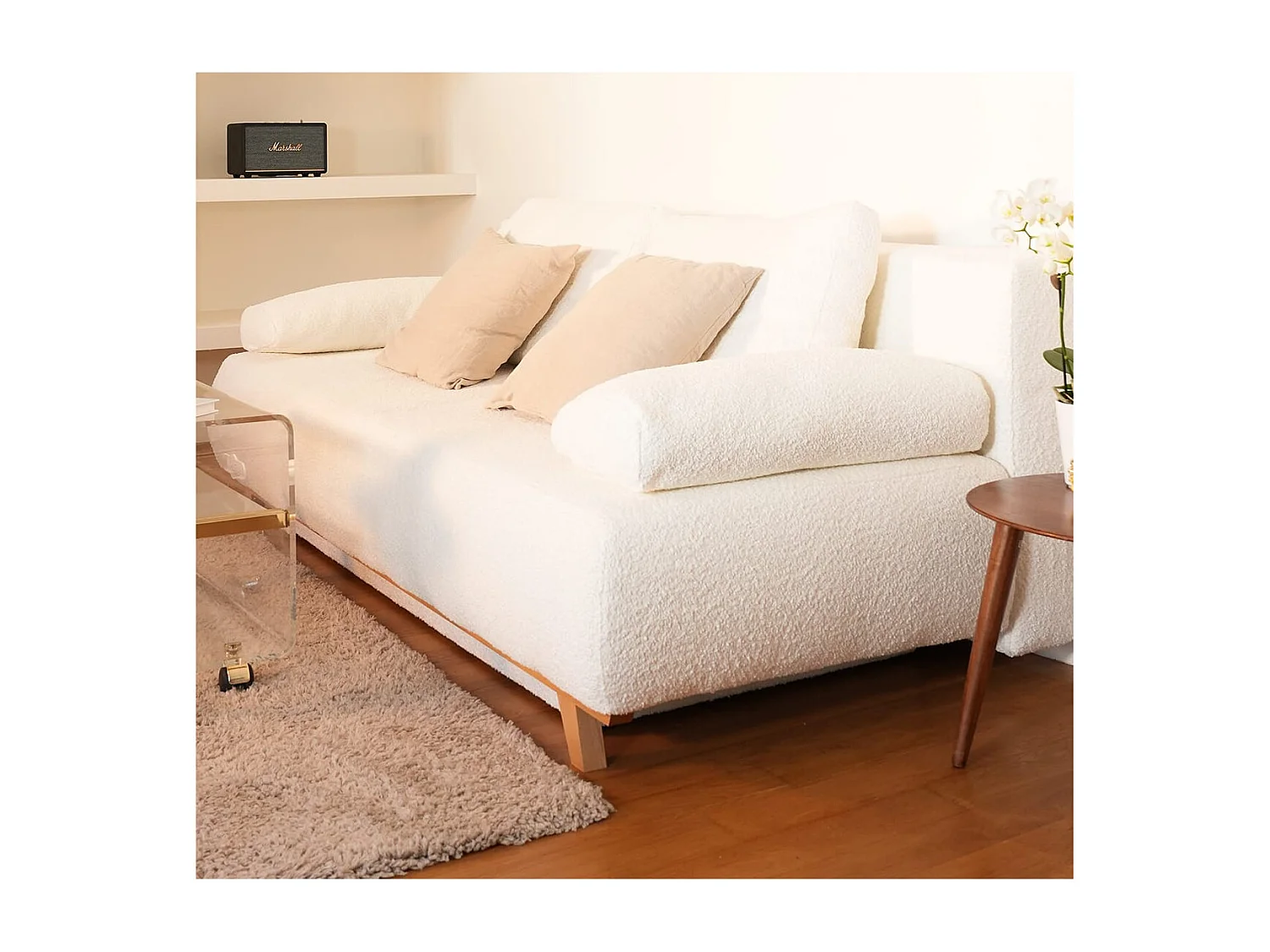 Canapé convertible 3 places avec coffre de rangement en tissu bouclé beige - Laria