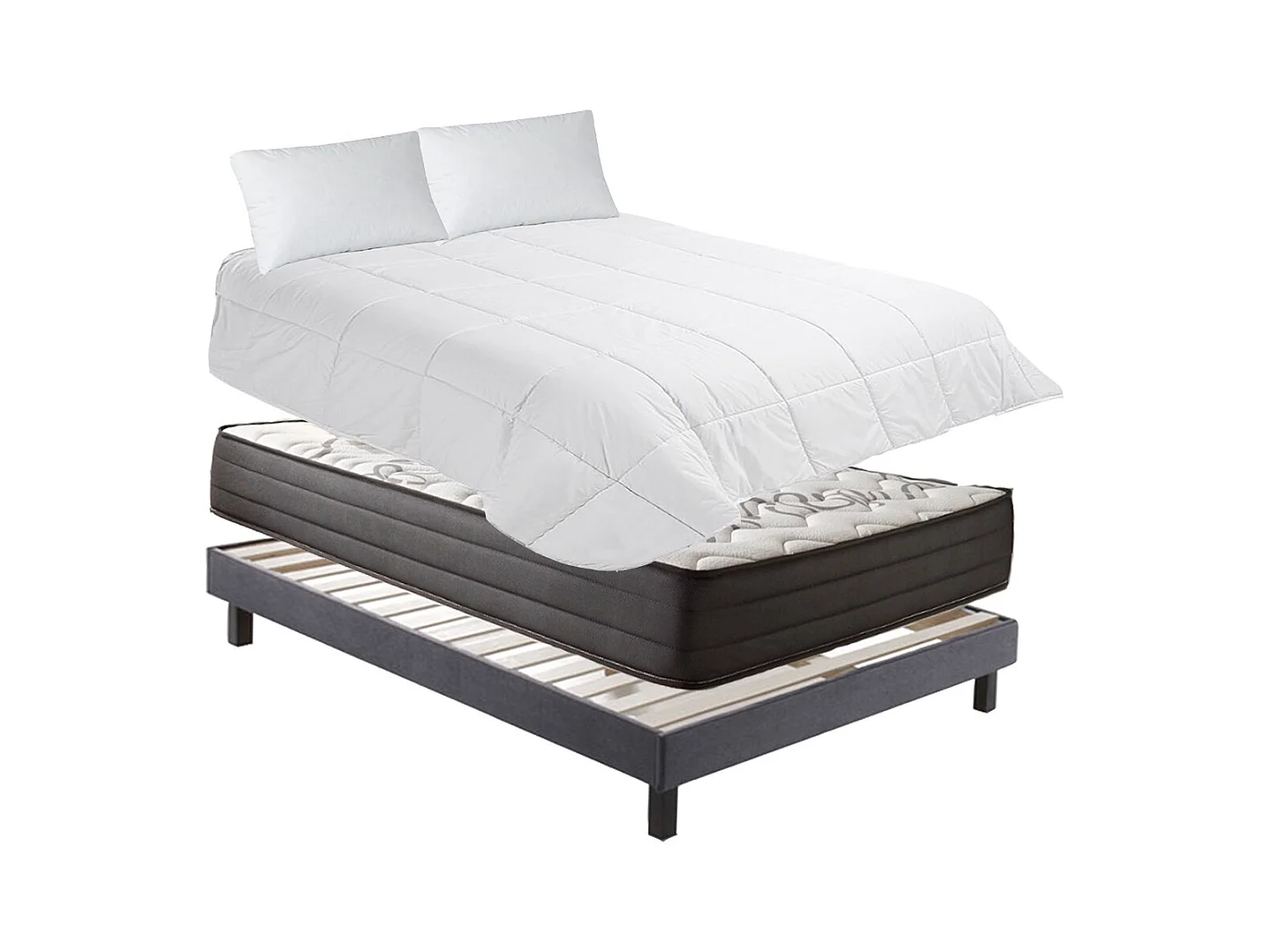 Ensemble Matelas Ressorts 25cm + Sommier +  Oreillers + Couette , Accueil Viscolatex, 90x190