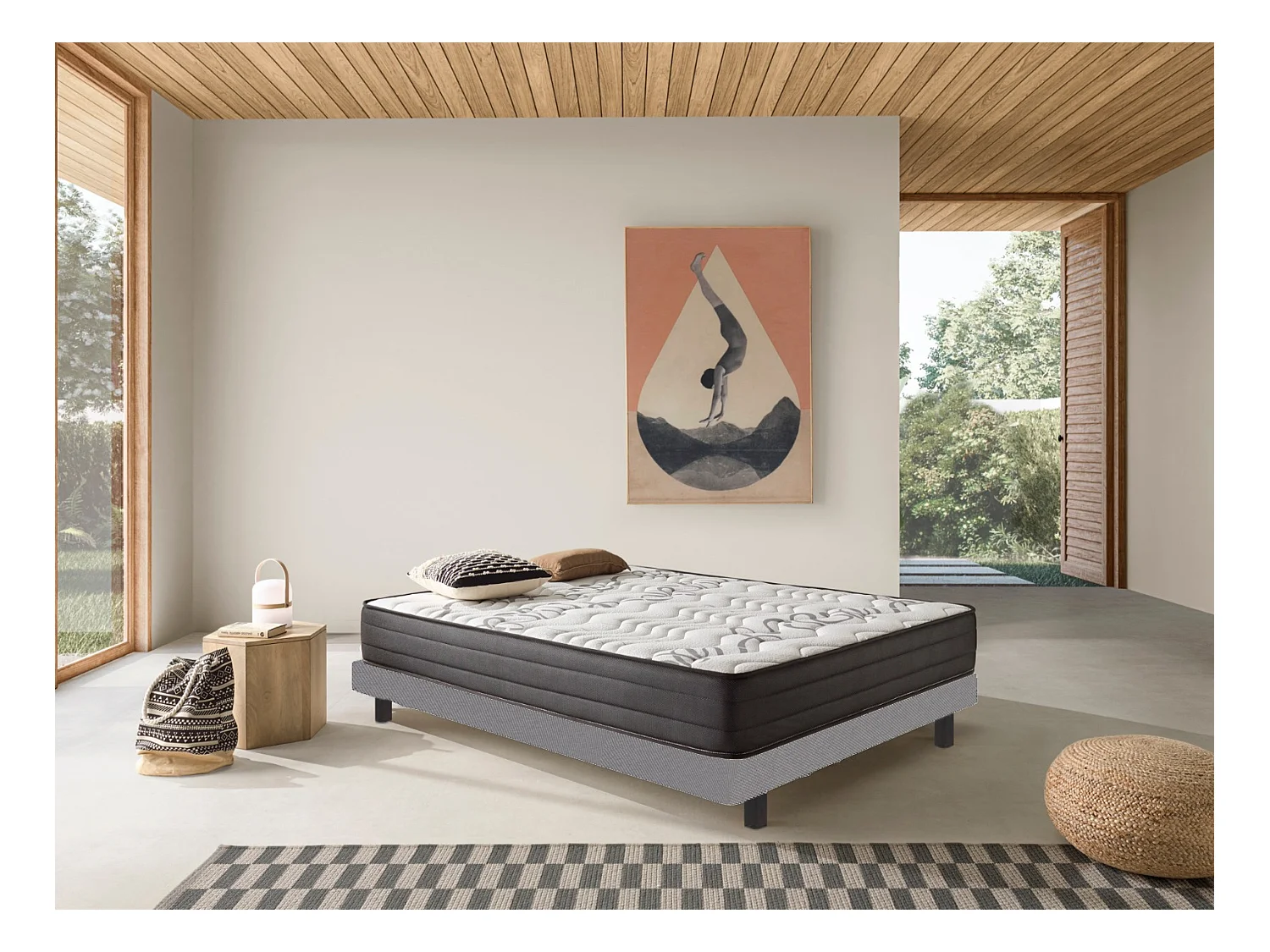 Ensemble Matelas Ressorts 25cm + Sommier +  Oreillers + Couette , Accueil Viscolatex, 90x190