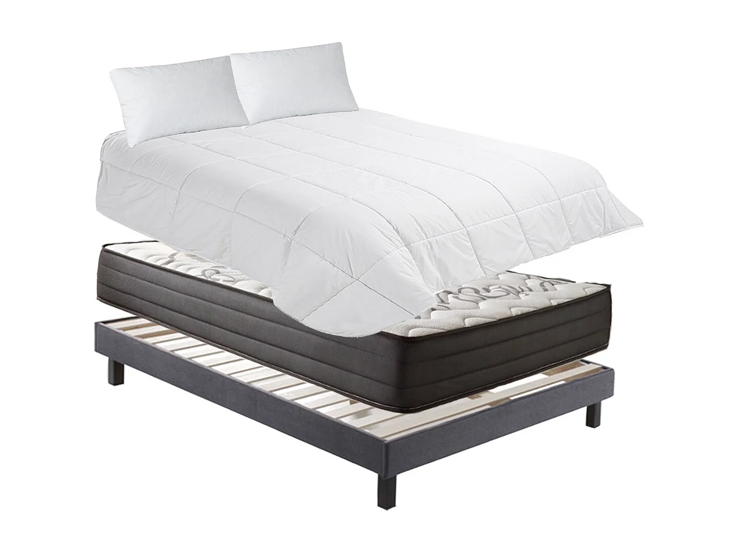 Ensemble Matelas Ressorts 25cm + Sommier +  Oreillers + Couette , Accueil Viscolatex, 90x190