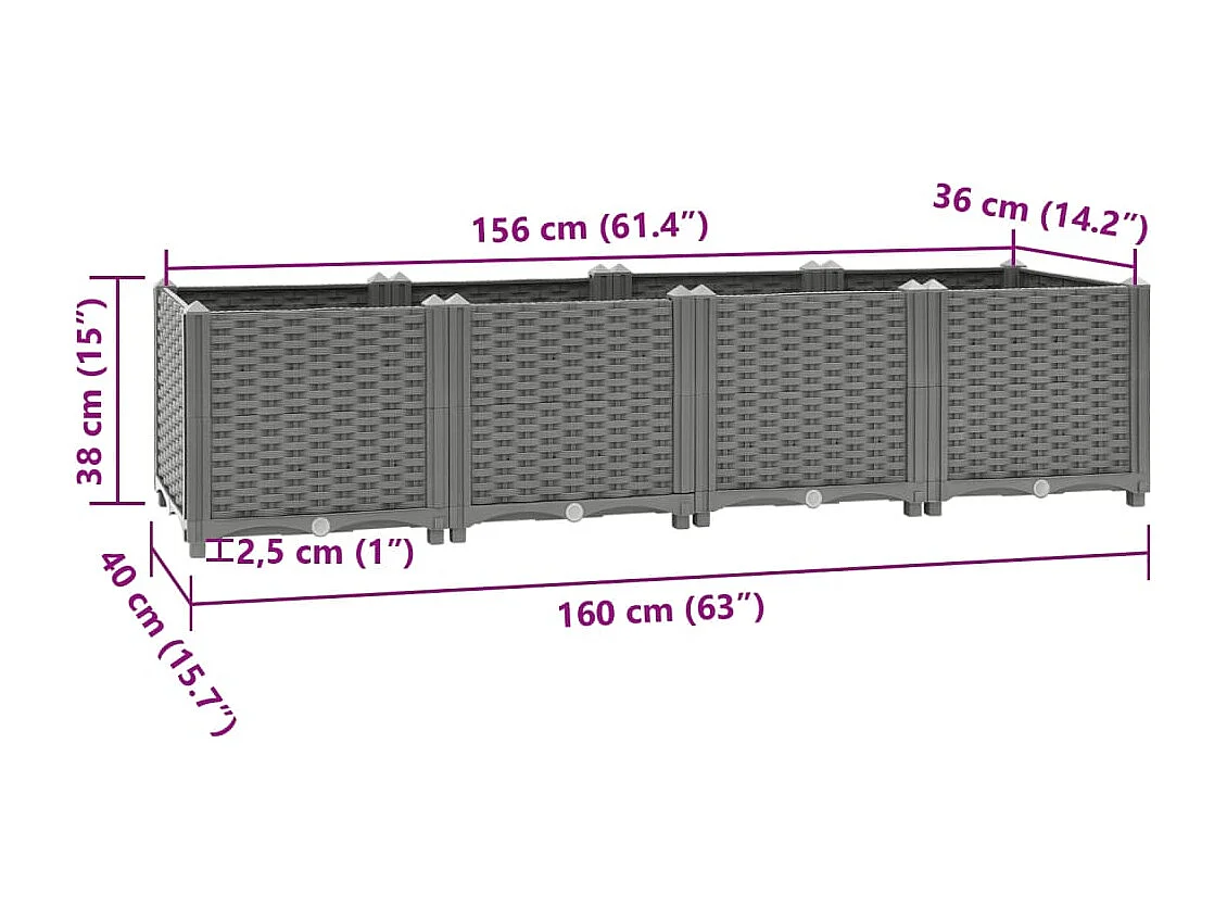 Macetero bancal elevado plantas flores terraza jardín luz 160 x 40 x 38 cm polipropileno gris 02_0039254