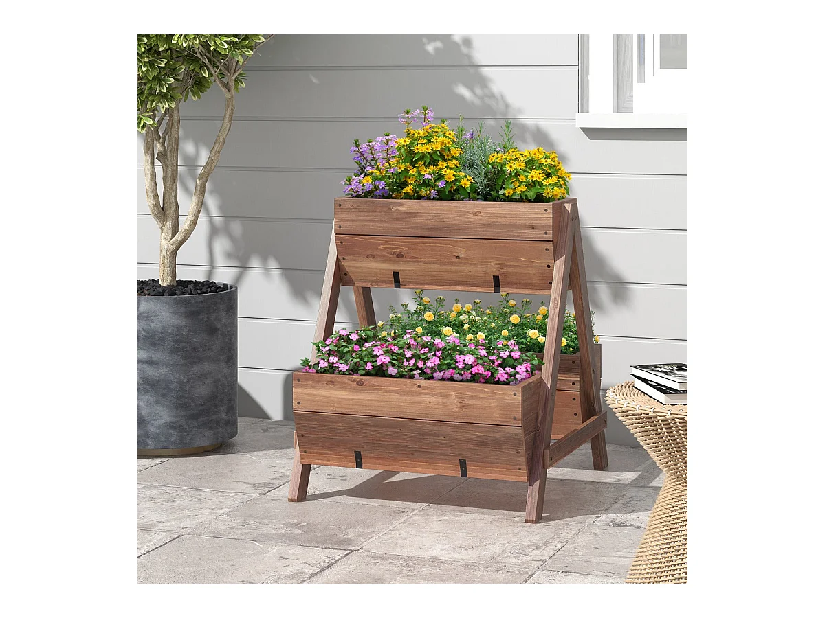 Jardinera elevada de madera de abeto 3 jardineras con orificios de drenaje macetero con patas verduras flores frutas marrón 20_0009771