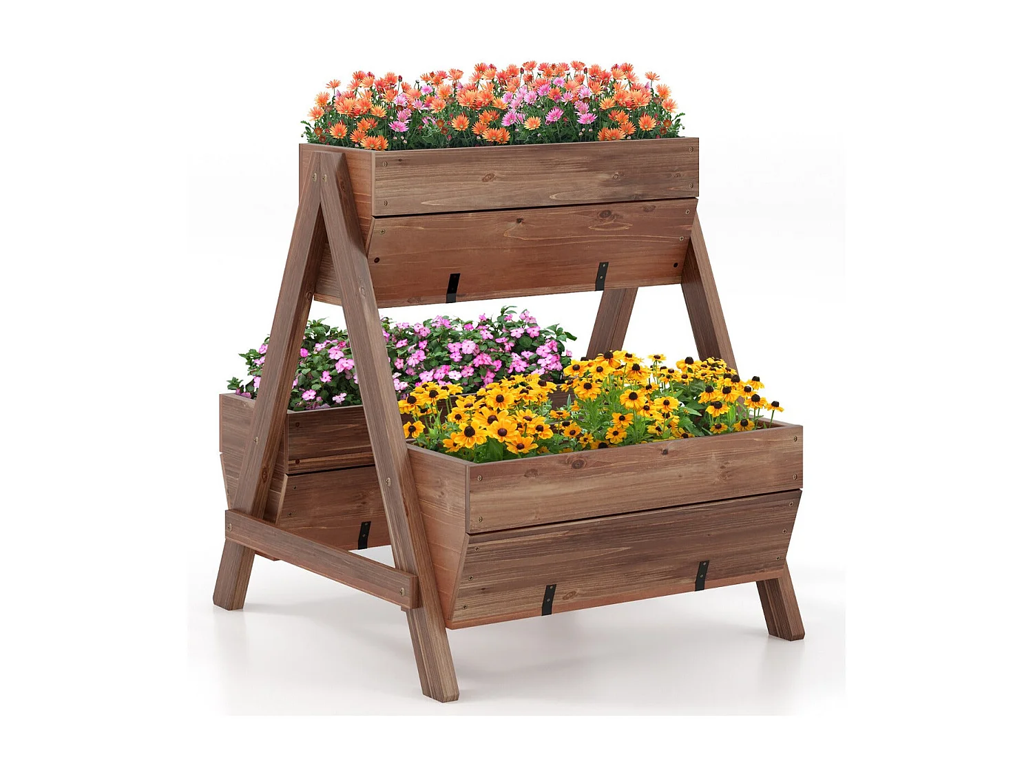 Jardinera elevada de madera de abeto 3 jardineras con orificios de drenaje macetero con patas verduras flores frutas marrón 20_0009771