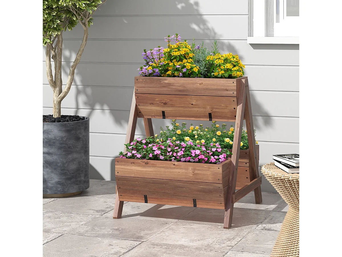 Jardinera elevada de madera de abeto 3 jardineras con orificios de drenaje macetero con patas verduras flores frutas marrón 20_0009771