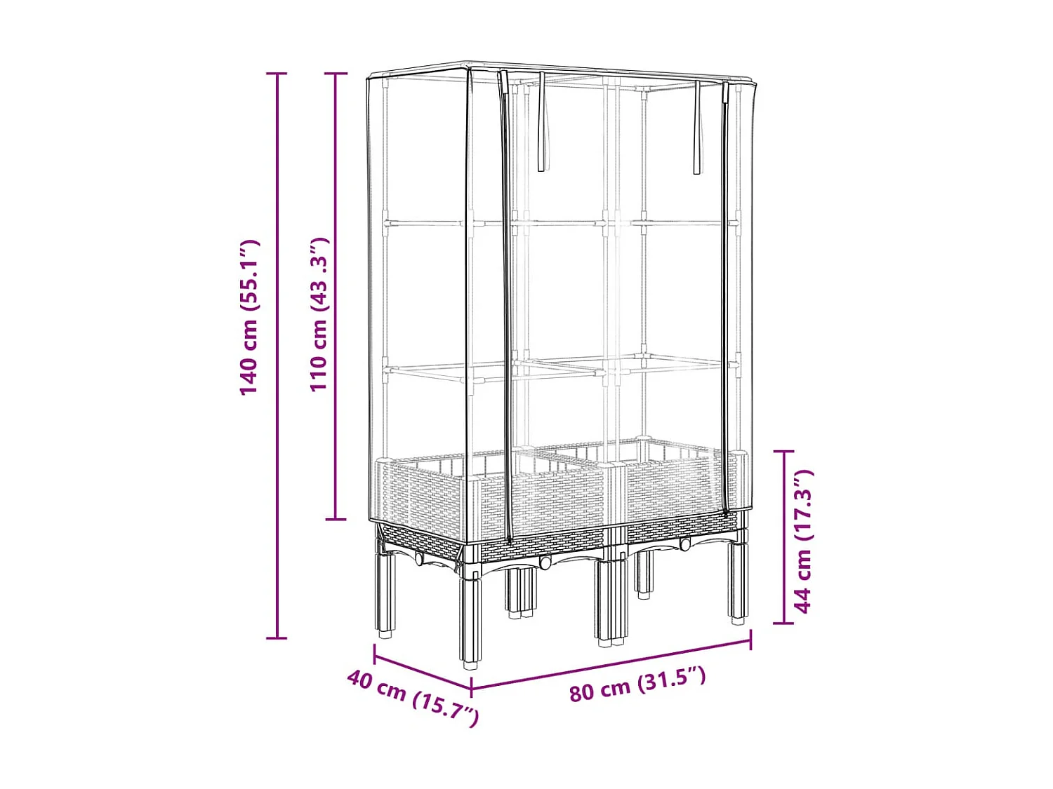 Vaso per fioriera rialzata per piante fiori terrazza da giardino rialzata con rivestimento in simil rattan 80 x 40 x 140 cm nero 02_0038792