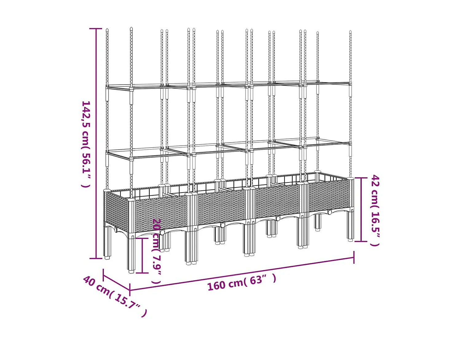 Plantador bandeja elevada plantas flores terraço jardim com treliça 160 x 40 x 142,5 cm PP branco 02_0038270