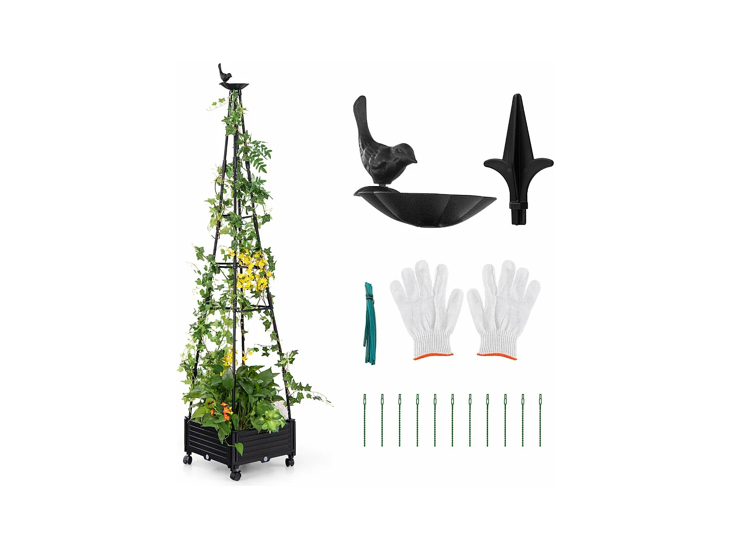 Fioriera Rialzata su Ruote con Traliccio Aiuola da Giardino con Uccelli Autodrenanti e Frecce Gabbia Decorativa per Pomodori 41 x 41 x 208 cm Nero 20_0008644