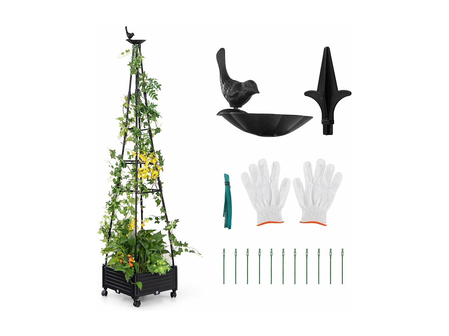 Fioriera Rialzata su Ruote con Traliccio Aiuola da Giardino con Uccelli Autodrenanti e Frecce Gabbia Decorativa per Pomodori 41 x 41 x 208 cm Nero 20_0008644