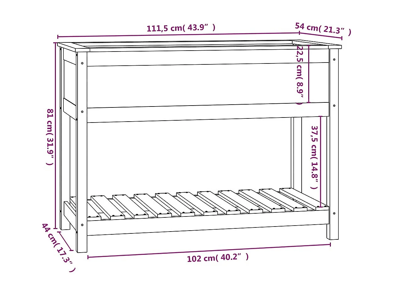 Vassoio per fioriera aiuola rialzata piante fiori terrazza giardino con ripiano 111,5 x 54 x 81 cm legno massello di pino nero 02_0038388