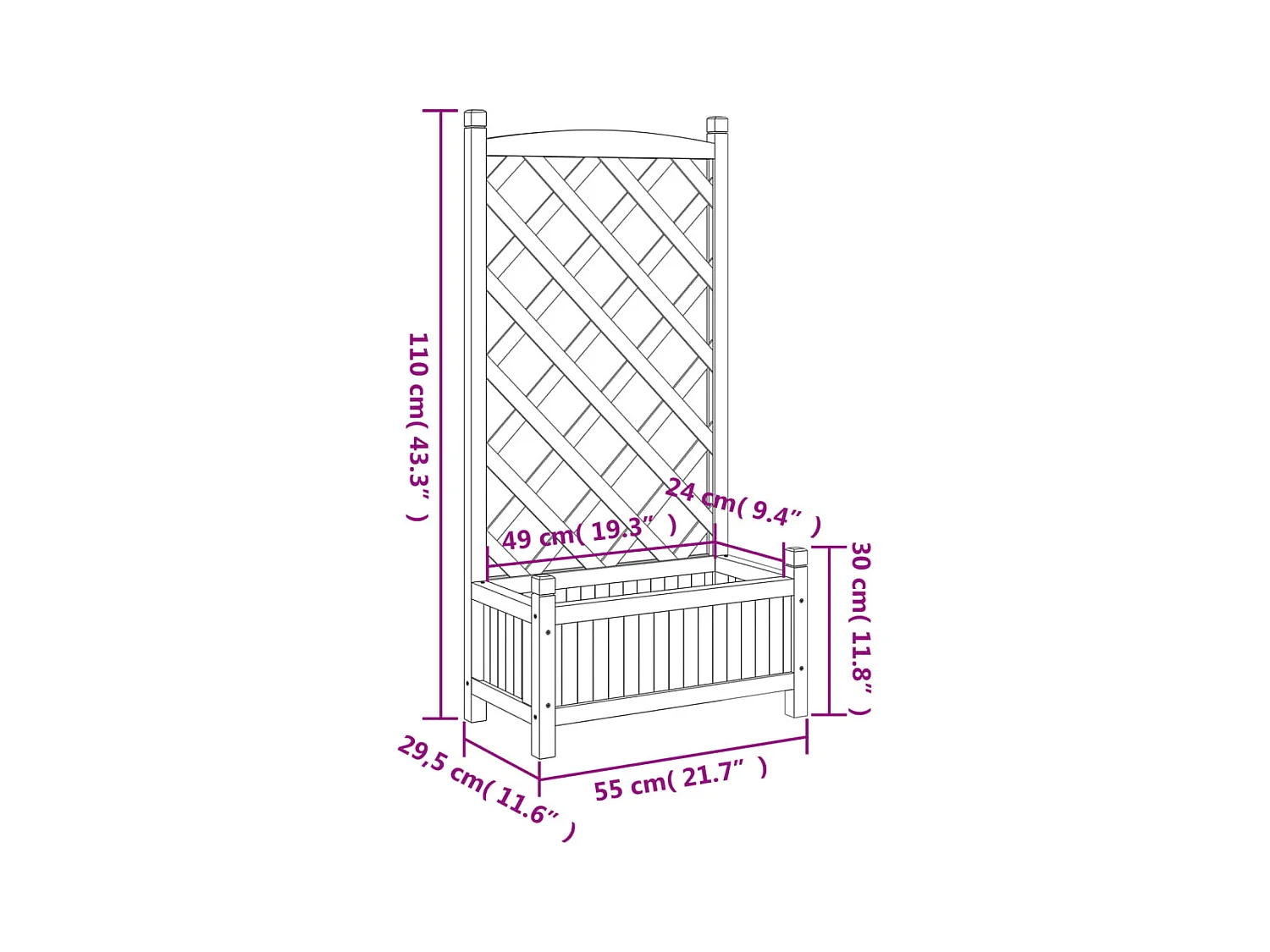Vassoio per fioriera aiuola rialzata piante fiori terrazza giardino con traliccio in legno massello di abete grigio 02_0038321